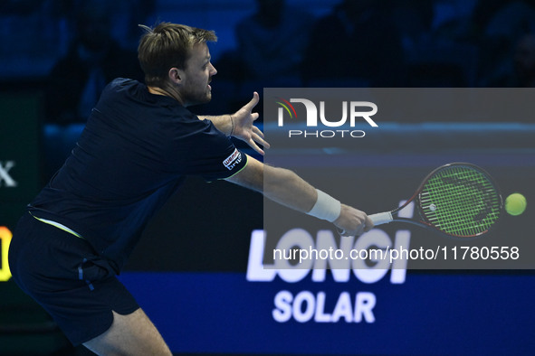 Kevin Krawietz (GER) plays during the Men's Double match against Rohan Bopanna (IND) and Matthew Ebden (AUS) on day six of the Nitto ATP fin...