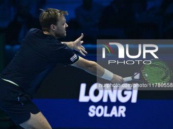 Kevin Krawietz (GER) plays during the Men's Double match against Rohan Bopanna (IND) and Matthew Ebden (AUS) on day six of the Nitto ATP fin...