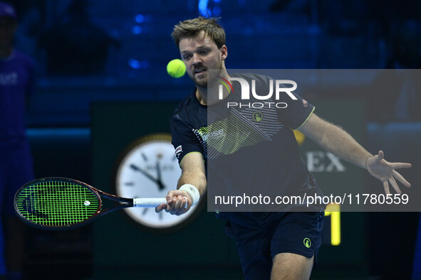 Kevin Krawietz (GER) plays during the Men's Double match against Rohan Bopanna (IND) and Matthew Ebden (AUS) on day six of the Nitto ATP fin...