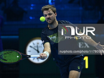 Kevin Krawietz (GER) plays during the Men's Double match against Rohan Bopanna (IND) and Matthew Ebden (AUS) on day six of the Nitto ATP fin...