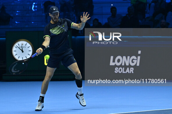 Tim Puetz (GER) plays during the Men's Double match against Rohan Bopanna (IND) and Matthew Ebden (AUS) during day six of the Nitto ATP fina...