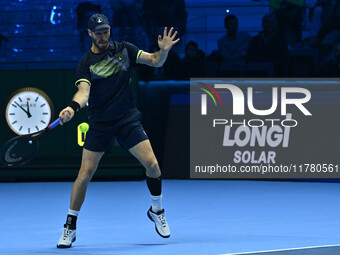 Tim Puetz (GER) plays during the Men's Double match against Rohan Bopanna (IND) and Matthew Ebden (AUS) during day six of the Nitto ATP fina...