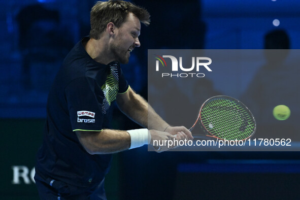 Kevin Krawietz (GER) plays during the Men's Double match against Rohan Bopanna (IND) and Matthew Ebden (AUS) on day six of the Nitto ATP fin...