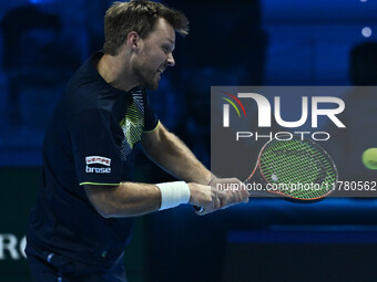 Kevin Krawietz (GER) plays during the Men's Double match against Rohan Bopanna (IND) and Matthew Ebden (AUS) on day six of the Nitto ATP fin...