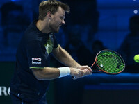 Kevin Krawietz (GER) plays during the Men's Double match against Rohan Bopanna (IND) and Matthew Ebden (AUS) on day six of the Nitto ATP fin...