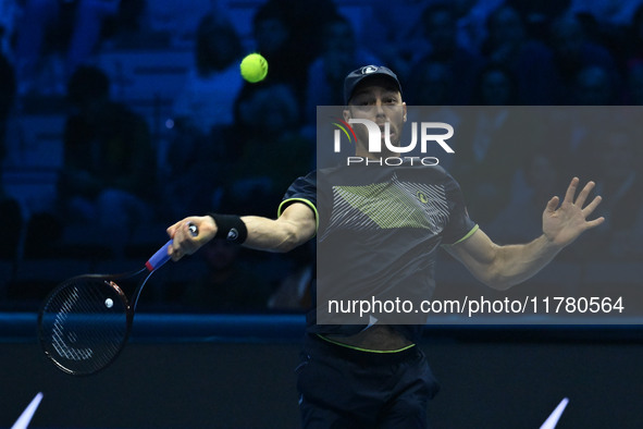 Tim Puetz (GER) plays during the Men's Double match against Rohan Bopanna (IND) and Matthew Ebden (AUS) during day six of the Nitto ATP fina...