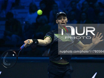 Tim Puetz (GER) plays during the Men's Double match against Rohan Bopanna (IND) and Matthew Ebden (AUS) during day six of the Nitto ATP fina...