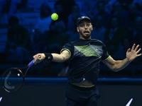 Tim Puetz (GER) plays during the Men's Double match against Rohan Bopanna (IND) and Matthew Ebden (AUS) during day six of the Nitto ATP fina...