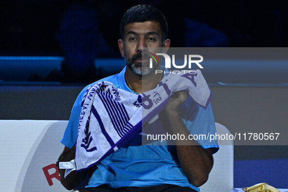 Rohan Bopanna (IND) plays during the Men's Doubles match against Kevin Krawietz (GER) and Tim Puetz (GER) on day six of the Nitto ATP Finals...