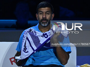 Rohan Bopanna (IND) plays during the Men's Doubles match against Kevin Krawietz (GER) and Tim Puetz (GER) on day six of the Nitto ATP Finals...