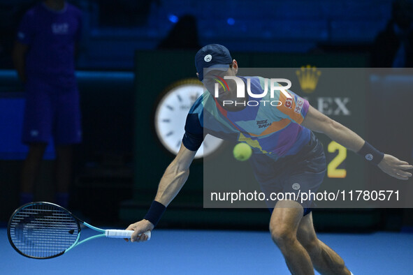 Matthew Ebden (AUS) plays during the Men's Doubles match against Kevin Krawietz (GER) and Tim Puetz (GER) on day six of the Nitto ATP Finals...