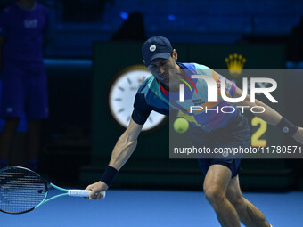 Matthew Ebden (AUS) plays during the Men's Doubles match against Kevin Krawietz (GER) and Tim Puetz (GER) on day six of the Nitto ATP Finals...