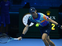 Matthew Ebden (AUS) plays during the Men's Doubles match against Kevin Krawietz (GER) and Tim Puetz (GER) on day six of the Nitto ATP Finals...