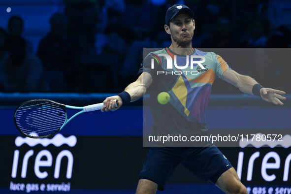 Matthew Ebden (AUS) plays during the Men's Doubles match against Kevin Krawietz (GER) and Tim Puetz (GER) on day six of the Nitto ATP Finals...