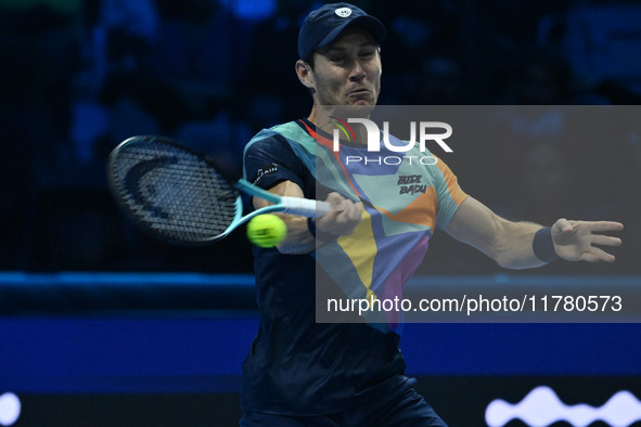 Matthew Ebden (AUS) plays during the Men's Doubles match against Kevin Krawietz (GER) and Tim Puetz (GER) on day six of the Nitto ATP Finals...