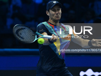 Matthew Ebden (AUS) plays during the Men's Doubles match against Kevin Krawietz (GER) and Tim Puetz (GER) on day six of the Nitto ATP Finals...