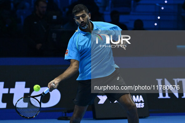 Rohan Bopanna (IND) plays during the Men's Doubles match against Kevin Krawietz (GER) and Tim Puetz (GER) on day six of the Nitto ATP Finals...