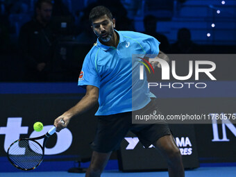 Rohan Bopanna (IND) plays during the Men's Doubles match against Kevin Krawietz (GER) and Tim Puetz (GER) on day six of the Nitto ATP Finals...