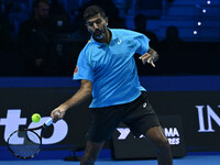 Rohan Bopanna (IND) plays during the Men's Doubles match against Kevin Krawietz (GER) and Tim Puetz (GER) on day six of the Nitto ATP Finals...