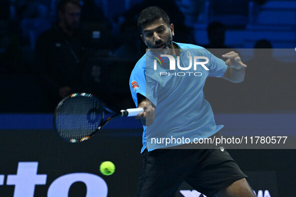 Rohan Bopanna (IND) plays during the Men's Doubles match against Kevin Krawietz (GER) and Tim Puetz (GER) on day six of the Nitto ATP Finals...