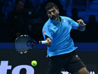 Rohan Bopanna (IND) plays during the Men's Doubles match against Kevin Krawietz (GER) and Tim Puetz (GER) on day six of the Nitto ATP Finals...