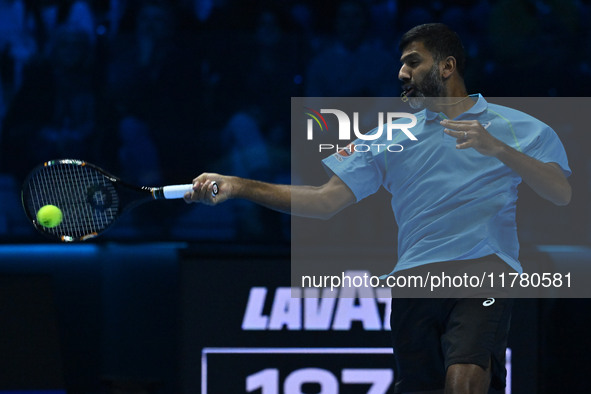 Rohan Bopanna (IND) plays during the Men's Doubles match against Kevin Krawietz (GER) and Tim Puetz (GER) on day six of the Nitto ATP Finals...