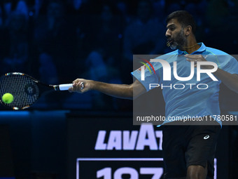 Rohan Bopanna (IND) plays during the Men's Doubles match against Kevin Krawietz (GER) and Tim Puetz (GER) on day six of the Nitto ATP Finals...