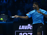 Rohan Bopanna (IND) plays during the Men's Doubles match against Kevin Krawietz (GER) and Tim Puetz (GER) on day six of the Nitto ATP Finals...