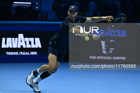 Tim Puetz (GER) plays during the Men's Double match against Rohan Bopanna (IND) and Matthew Ebden (AUS) during day six of the Nitto ATP fina...