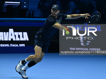 Tim Puetz (GER) plays during the Men's Double match against Rohan Bopanna (IND) and Matthew Ebden (AUS) during day six of the Nitto ATP fina...