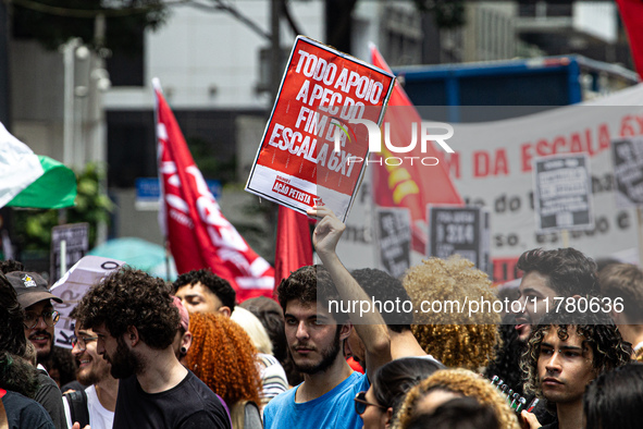 A protest calls for the end of the 6x1 work schedule on Avenida Paulista in the central region of Sao Paulo, Brazil, on November 15. 