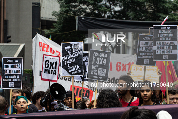 A protest calls for the end of the 6x1 work schedule on Avenida Paulista in the central region of Sao Paulo, Brazil, on November 15. 