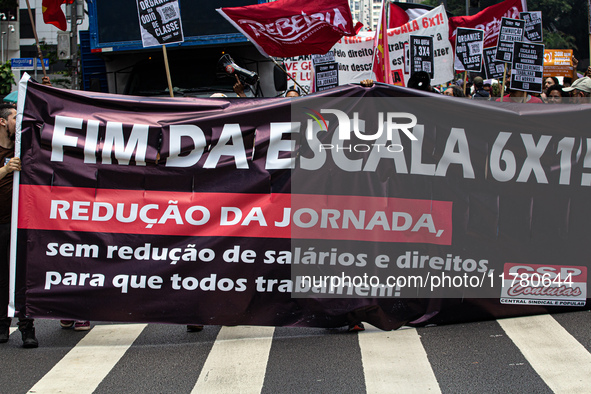 A protest calls for the end of the 6x1 work schedule on Avenida Paulista in the central region of Sao Paulo, Brazil, on November 15. 