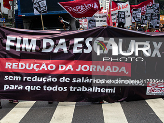 A protest calls for the end of the 6x1 work schedule on Avenida Paulista in the central region of Sao Paulo, Brazil, on November 15. (