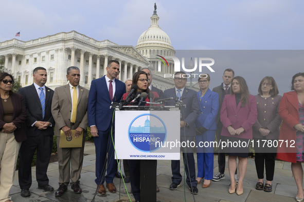 Chair of the Congressional Hispanic Caucus, Nanette Barragan (D-CA), alongside incoming CHC Members-elect, holds a news conference in Washin...