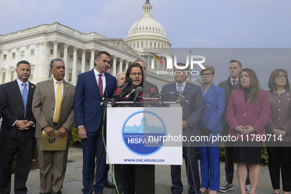 Chair of the Congressional Hispanic Caucus, Nanette Barragan (D-CA), alongside incoming CHC Members-elect, holds a news conference in Washin...