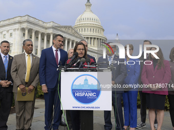 Chair of the Congressional Hispanic Caucus, Nanette Barragan (D-CA), alongside incoming CHC Members-elect, holds a news conference in Washin...