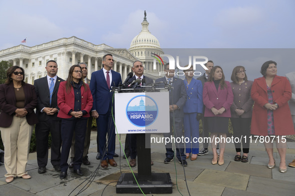 Chair of the Congressional Hispanic Caucus, Nanette Barragan (D-CA), alongside incoming CHC Members-elect, holds a news conference in Washin...