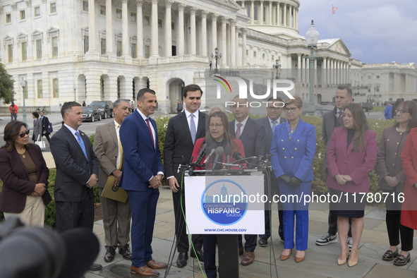 Chair of the Congressional Hispanic Caucus, Nanette Barragan (D-CA), alongside incoming CHC Members-elect, holds a news conference in Washin...