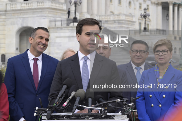 Resident commissioner-elect of Puerto Rico Pablo Jose Hernandez Rivera, alongside incoming CHC Members-elect, holds a news conference in Was...