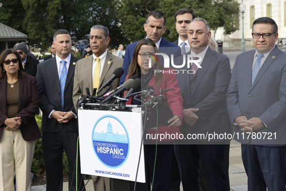 Chair of the Congressional Hispanic Caucus, Nanette Barragan (D-CA), alongside incoming CHC Members-elect, holds a news conference in Washin...