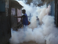 A worker sprays pesticide to kill mosquitoes at a slum in the capital city of Dhaka, Bangladesh. The country records 1,705 dengue-related de...