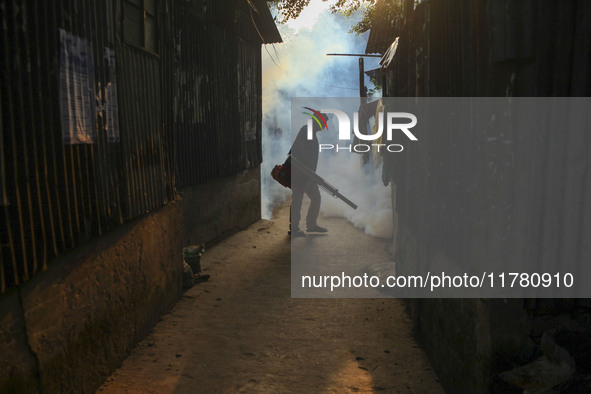 A worker sprays pesticide to kill mosquitoes at a slum in the capital city of Dhaka, Bangladesh. The country records 1,705 dengue-related de...