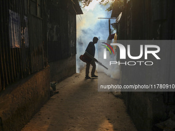 A worker sprays pesticide to kill mosquitoes at a slum in the capital city of Dhaka, Bangladesh. The country records 1,705 dengue-related de...