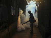 A worker sprays pesticide to kill mosquitoes at a slum in the capital city of Dhaka, Bangladesh. The country records 1,705 dengue-related de...