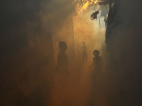 Children play in the smoke at a slum in the capital city of Dhaka, Bangladesh, as a worker sprays pesticide to kill mosquitoes. The country...