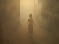 A child walks through the smoke at a slum in Dhaka, Bangladesh, as a worker sprays pesticide to kill mosquitoes. The country records 1,705 d...