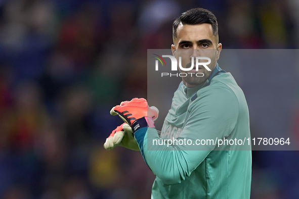 Diogo Costa of Portugal warms up before the UEFA Nations League 2024/25 League A Group A1 match between Portugal and Poland at Estadio Do Dr...