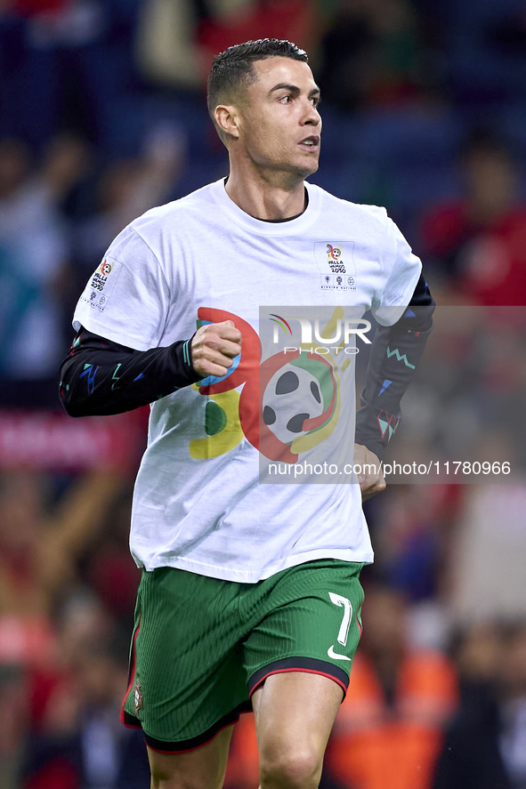 Cristiano Ronaldo of Portugal warms up before the UEFA Nations League 2024/25 League A Group A1 match between Portugal and Poland at Estadio...