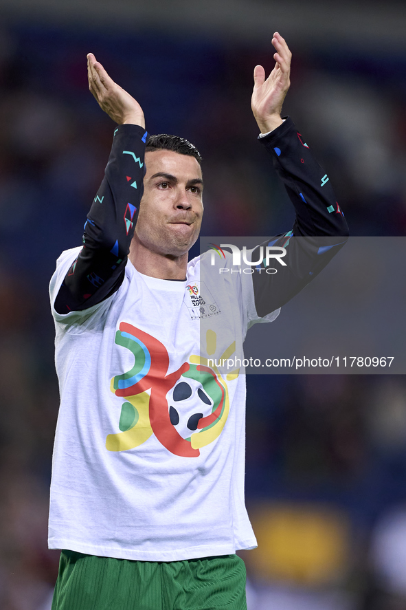 Cristiano Ronaldo of Portugal warms up before the UEFA Nations League 2024/25 League A Group A1 match between Portugal and Poland at Estadio...